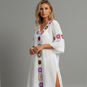 V-Neck  Floral Crochet Bathing Suit Cover Up White